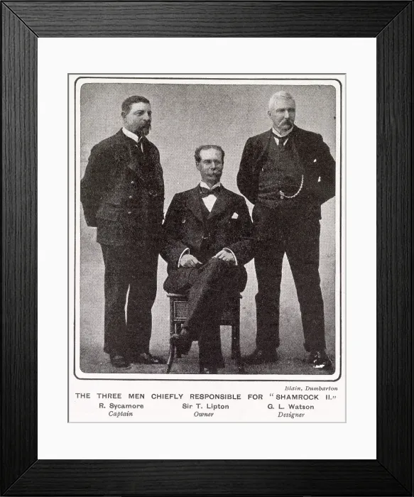 Framed Print : Captain Edward Sycamore, Sir Thomas Lipton the owner and George Lennox Watson the designer all responsible for the development of the Shamrock II. Date: 1901 Framed Print : Captain Edward Sycamore, Sir Thomas Lipton the owner and George Lennox Watson the designer all responsible for the development of the Shamrock II. Date: 1901