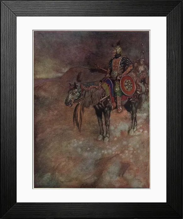 Framed Print : Illustration by Edmund Dulac to Tamerlane, a poem by Edgar Allan Poe. Tamerlane on horseback leading his army. Date: 1912 Framed Print : Illustration by Edmund Dulac to Tamerlane, a poem by Edgar Allan Poe. Tamerlane on horseback leading his army. Date: 1912