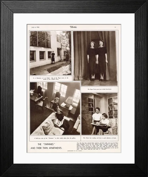 Framed Print : Maimie and Celia Paget, twin daughters of the late Eric Morton Paget, featured in the Sketch in their Chelsea house consisting of a studio and a twin suite of bedrooms. Date: 1938 Framed Print : Maimie and Celia Paget, twin daughters of the late Eric Morton Paget, featured in the Sketch in their Chelsea house consisting of a studio and a twin suite of bedrooms. Date: 1938