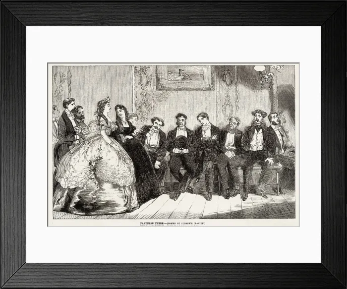 Framed Print : Partners there. Image in a series on the benefits of Australia over England, to encourage emigration. Ladies have a choice of partners in Australia. Date: 1863 Framed Print : Partners there. Image in a series on the benefits of Australia over England, to encourage emigration. Ladies have a choice of partners in Australia. Date: 1863