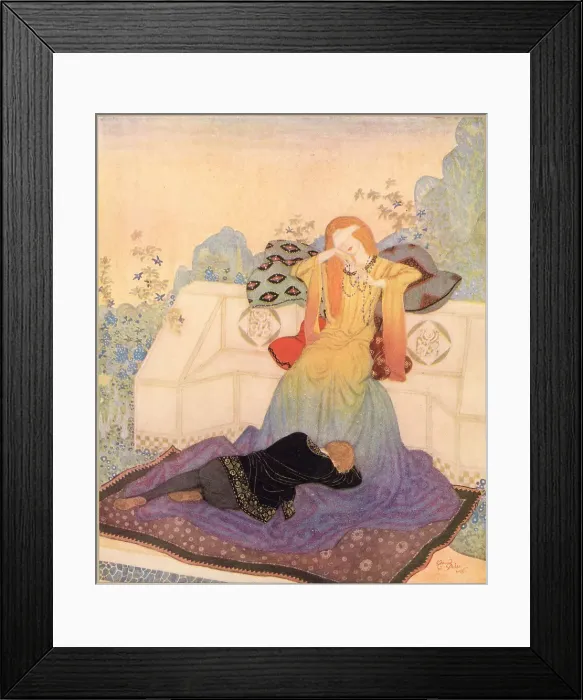 Framed Print : Eric lay now, stretched at the feet of the woman he could not leave. Illustration by Edmund Dulac to The Dreamer of Dreams by Queen Marie of Roumania. Date: 1915 Framed Print : Eric lay now, stretched at the feet of the woman he could not leave. Illustration by Edmund Dulac to The Dreamer of Dreams by Queen Marie of Roumania. Date: 1915