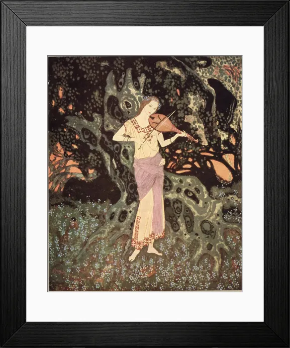 Framed Print : And there, leaning against a moss-grown crumbling tree, was a spirit-like being out of another world. Illustration by Edmund Dulac to The Dreamer of Dreams by Queen Marie of Roumania. Date: 1915 Framed Print : And there, leaning against a moss-grown crumbling tree, was a spirit-like being out of another world. Illustration by Edmund Dulac to The Dreamer of Dreams by Queen Marie of Roumania. Date: 1915