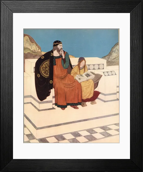 Framed Print : King Wanda sat upon his marble terrace basking in the first warmth of the season. Illustration by Edmund Dulac to The Dreamer of Dreams by Queen Marie of Roumania. Date: 1915 Framed Print : King Wanda sat upon his marble terrace basking in the first warmth of the season. Illustration by Edmund Dulac to The Dreamer of Dreams by Queen Marie of Roumania. Date: 1915