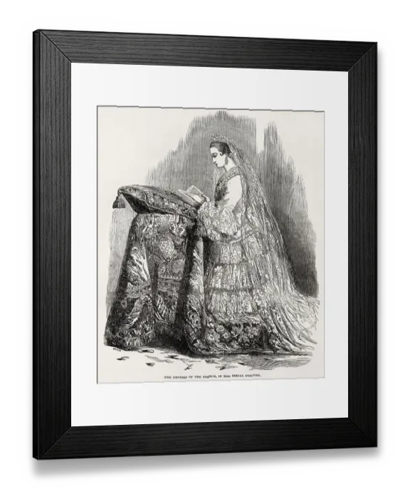 Framed Print : Empress Eugenie in her wedding dress. EUGENIA MARIA DE MONTIJO (1826 - 1920), wife of the French Emperor, Napoleon III and mother of the Prince Imperial. Renowned beauty and arbiter of taste. Date: 1853 Framed Print : Empress Eugenie in her wedding dress. EUGENIA MARIA DE MONTIJO (1826 - 1920), wife of the French Emperor, Napoleon III and mother of the Prince Imperial. Renowned beauty and arbiter of taste. Date: 1853