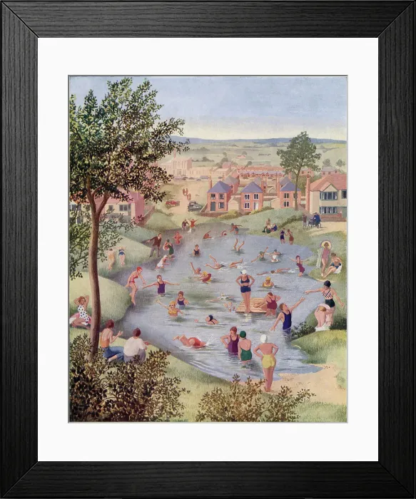 Framed Print : Villagers enjoy swimming in their local pond on a hot summer's day. See picture no. 14007282 to see a companion picture of the pond in winter. Date: 1940 Framed Print : Villagers enjoy swimming in their local pond on a hot summer's day. See picture no. 14007282 to see a companion picture of the pond in winter. Date: 1940