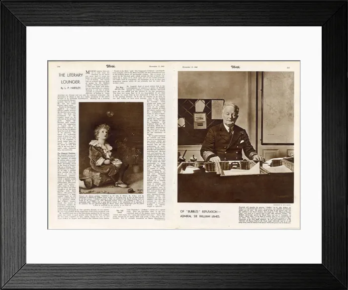 Framed Print : Two page spread in The Sketch magazine featuring a portrait of Admiral Sir William James, and, on the opposite page, the famous painting of him done in 1886 by his grandfather, Sir John Everett Millais Framed Print : Two page spread in The Sketch magazine featuring a portrait of Admiral Sir William James, and, on the opposite page, the famous painting of him done in 1886 by his grandfather, Sir John Everett Millais