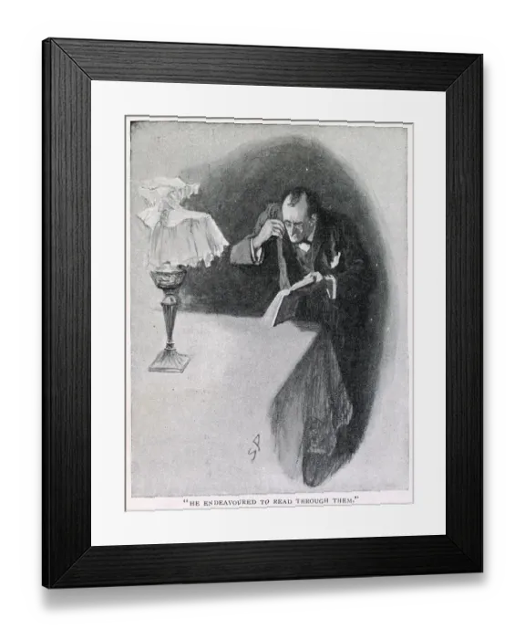 Framed Print : He endeavoured to read through them. Sherlock Holmes on the case in The Story of the Golden Pince-Nez, published in The Strand in July 1904. Date: 1904 Framed Print : He endeavoured to read through them. Sherlock Holmes on the case in The Story of the Golden Pince-Nez, published in The Strand in July 1904. Date: 1904