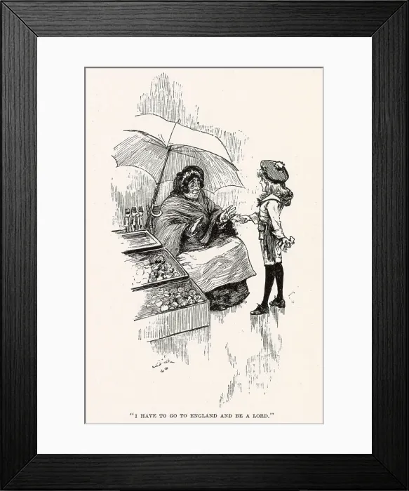 Framed Print : Illustration by Reginald Birch to Little Lord Fauntleroy by Frances Hodgson Burnett. I have to go to England and be a Lord, says Cedric to the woman on the apple stall. Date: 1886 Framed Print : Illustration by Reginald Birch to Little Lord Fauntleroy by Frances Hodgson Burnett. I have to go to England and be a Lord, says Cedric to the woman on the apple stall. Date: 1886