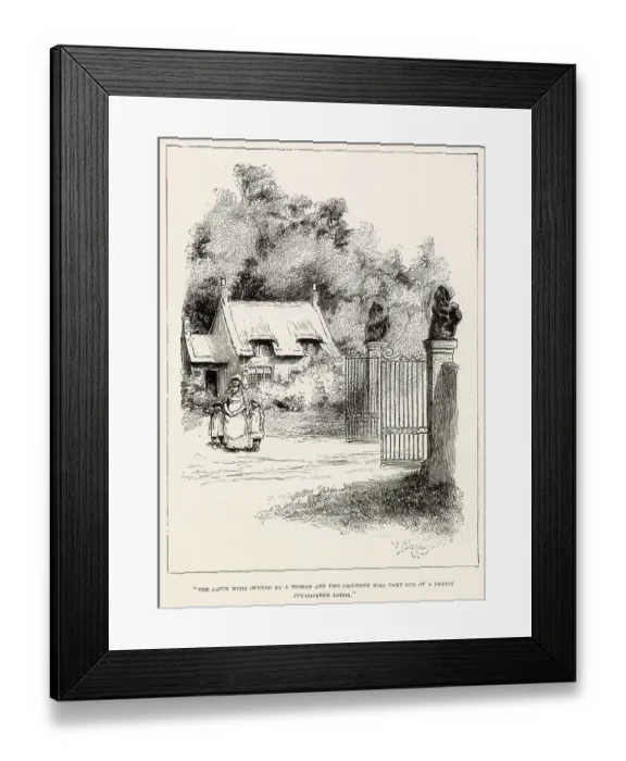 Framed Print : Illustration by Reginald Birch to Little Lord Fauntleroy by Frances Hodgson Burnett. The gates were opened by a woman and two children who came out of a pretty ivy-covered lodge. Date: 1886 Framed Print : Illustration by Reginald Birch to Little Lord Fauntleroy by Frances Hodgson Burnett. The gates were opened by a woman and two children who came out of a pretty ivy-covered lodge. Date: 1886