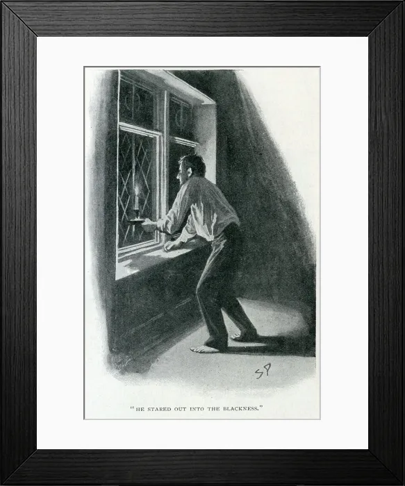 Framed Print : He stared out into the blackness. Barrymore staring out of the window with a candle held against the glass. Illustration by Sidney Paget to The Hound of the Baskervilles by Arthur Conan Doyle. Date: 1901 Framed Print : He stared out into the blackness. Barrymore staring out of the window with a candle held against the glass. Illustration by Sidney Paget to The Hound of the Baskervilles by Arthur Conan Doyle. Date: 1901