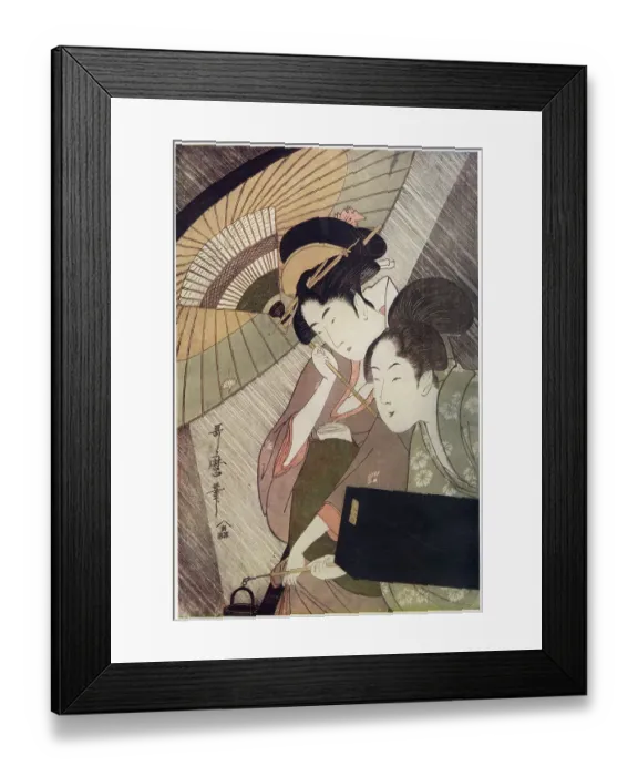 Framed Print : A Geisha, carrying her music in her obi, and holding her umbrella against a heavy shower, while her maid, carrying her koto case and a lantern, shelters herself by her side. Date: 1910 Framed Print : A Geisha, carrying her music in her obi, and holding her umbrella against a heavy shower, while her maid, carrying her koto case and a lantern, shelters herself by her side. Date: 1910
