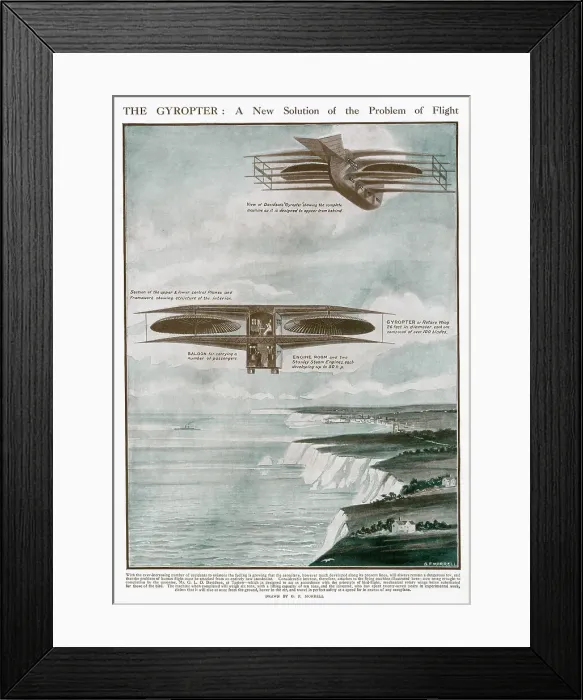 Framed Print : Diagram showing a flying machine designed by Scottish engineer Mr George Louis Outdrum Davidson, two vast umbrella-looking rotary wings of 26 feet in diameter, each one composed of over 100 blades. Date: 1910 Framed Print : Diagram showing a flying machine designed by Scottish engineer Mr George Louis Outdrum Davidson, two vast umbrella-looking rotary wings of 26 feet in diameter, each one composed of over 100 blades. Date: 1910