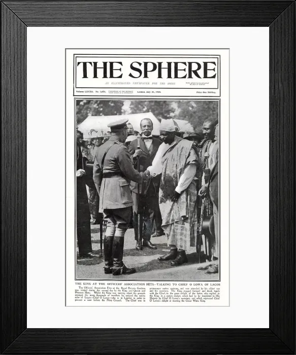 Framed Print : King George V at the Officers Association Fete at the Royal Botanic Gardens, talking to Chief O Lowa of Lagos who was in London in order to present a case before the Privy Council. Date: 1920 Framed Print : King George V at the Officers Association Fete at the Royal Botanic Gardens, talking to Chief O Lowa of Lagos who was in London in order to present a case before the Privy Council. Date: 1920