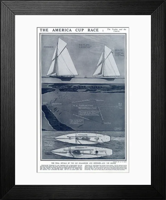 Framed Print : The two yachts the defender Resolute against the challenger Shamrock IV in the American Cup Race. Diagrams by G. H Davis comparing scale of the two yachts and the course in which they will be travelling. Date: 1920 Framed Print : The two yachts the defender Resolute against the challenger Shamrock IV in the American Cup Race. Diagrams by G. H Davis comparing scale of the two yachts and the course in which they will be travelling. Date: 1920