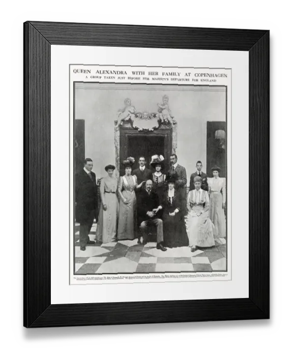 Framed Print : Photograph taken of Queen Alexandra's family in Copenhagen just before her Majesty returned to England. (left to right) seated--are: The Frederick VIII, King of Denmark, the Dowager Empress of Russia and the Queen of Denmark Framed Print : Photograph taken of Queen Alexandra's family in Copenhagen just before her Majesty returned to England. (left to right) seated--are: The Frederick VIII, King of Denmark, the Dowager Empress of Russia and the Queen of Denmark