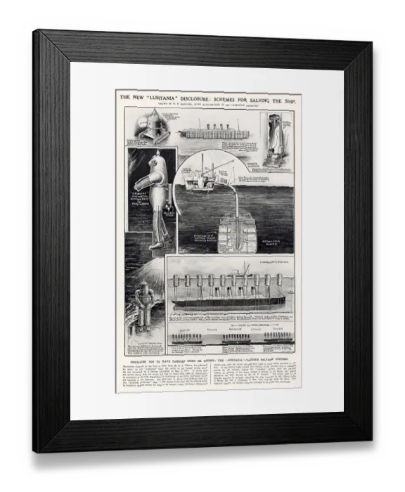 Framed Print : Diagrams showing various salvage systems where the Lusitania would be lifted and towed with the sea-bed raised. Date: 1922 Framed Print : Diagrams showing various salvage systems where the Lusitania would be lifted and towed with the sea-bed raised. Date: 1922