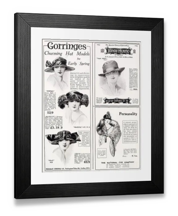 Framed Print : Three fashion adverts for women's fashionable hats and fur stoles from The Tatler January 1923. Gorringes early spring brimmed hats. Henry Heath Ltd boland style women's hat Framed Print : Three fashion adverts for women's fashionable hats and fur stoles from The Tatler January 1923. Gorringes early spring brimmed hats. Henry Heath Ltd boland style women's hat