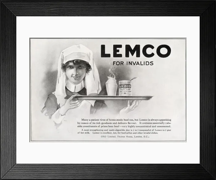 Framed Print : Advertisement for Lemco, highly concentrated and unseasoned prime lean beef served with hot milk. Date: 1922 Framed Print : Advertisement for Lemco, highly concentrated and unseasoned prime lean beef served with hot milk. Date: 1922