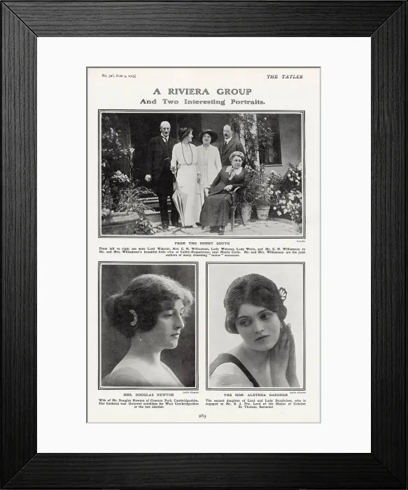 Framed Print : Page from The Tatler, 9th June 1915: A Riviera Group consisting of Lord Waleran, Mrs C N Williamson, Lady Waleran, Lady Watts, and Mr C N Williamson in the Williamsons villa at Cabb-Roquebrune near Monte Carlo