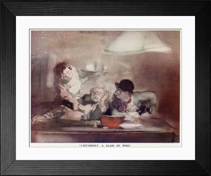 Framed Print : L'estaminet: A Glass of Wine. Two men drinking at a wine bar with a waitress serving them. Date: 1933 Framed Print : L'estaminet: A Glass of Wine. Two men drinking at a wine bar with a waitress serving them. Date: 1933