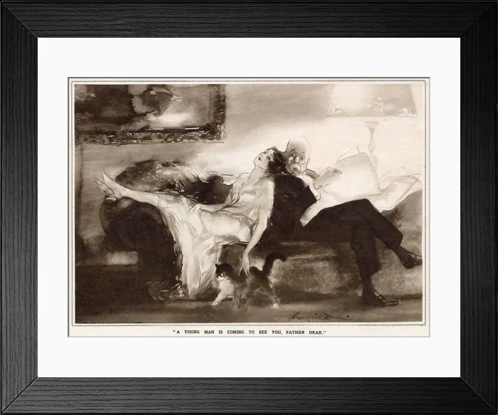 Framed Print : A Young Man is Coming to see You, Father dear by Edmund Blampied. A woman is telling her father that a young man, possibly her lover, is coming to see him, perhaps to introduce himself to the father. Date: 1933 Framed Print : A Young Man is Coming to see You, Father dear by Edmund Blampied. A woman is telling her father that a young man, possibly her lover, is coming to see him, perhaps to introduce himself to the father. Date: 1933
