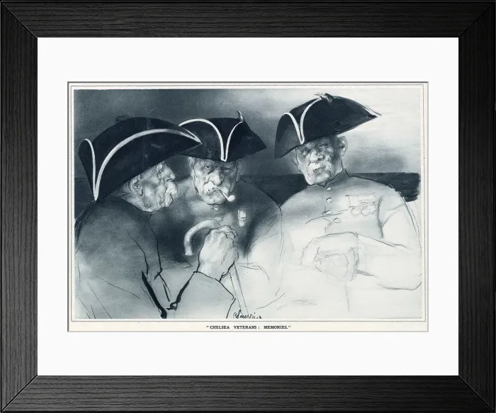 Framed Print : Chelsea Veterans: Memories. Illustration showing ChelseaPensioners sitting and reminiscing on past memories, perhaps from the war. Date: 1933 Framed Print : Chelsea Veterans: Memories. Illustration showing ChelseaPensioners sitting and reminiscing on past memories, perhaps from the war. Date: 1933