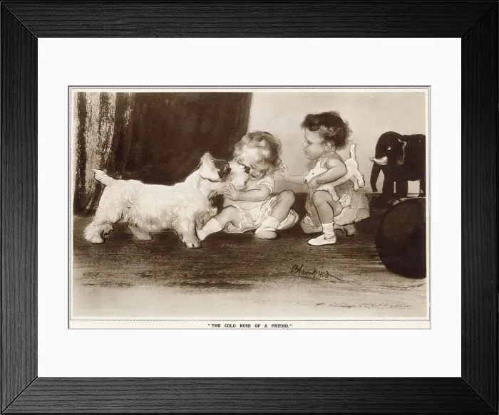 Framed Print : A child is playing with a dog who is with a little girl. Date: 1933 Framed Print : A child is playing with a dog who is with a little girl. Date: 1933