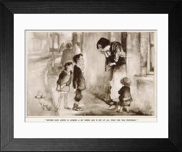 Framed Print : Mother Says Auntie is Looking a Bit Green and is not all what she was Yesterday. Children report on their aunty's health to an adult, possibly a nurse / other family member. Date: 1933 Framed Print : Mother Says Auntie is Looking a Bit Green and is not all what she was Yesterday. Children report on their aunty's health to an adult, possibly a nurse / other family member. Date: 1933