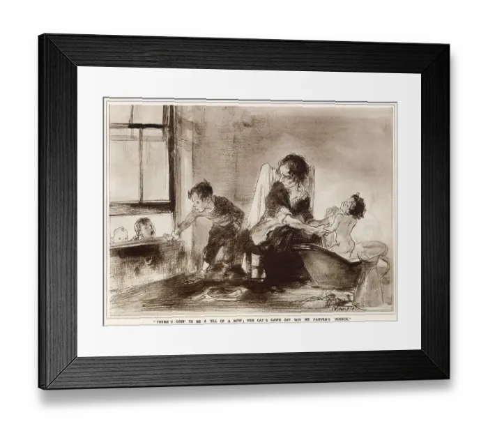 Framed Print : There's goin to be a ell of a row; yer cat's gawn off wiv me farver's addick. A child shouts this through a window at another family, threatening them. Date: 1933 Framed Print : There's goin to be a ell of a row; yer cat's gawn off wiv me farver's addick. A child shouts this through a window at another family, threatening them. Date: 1933