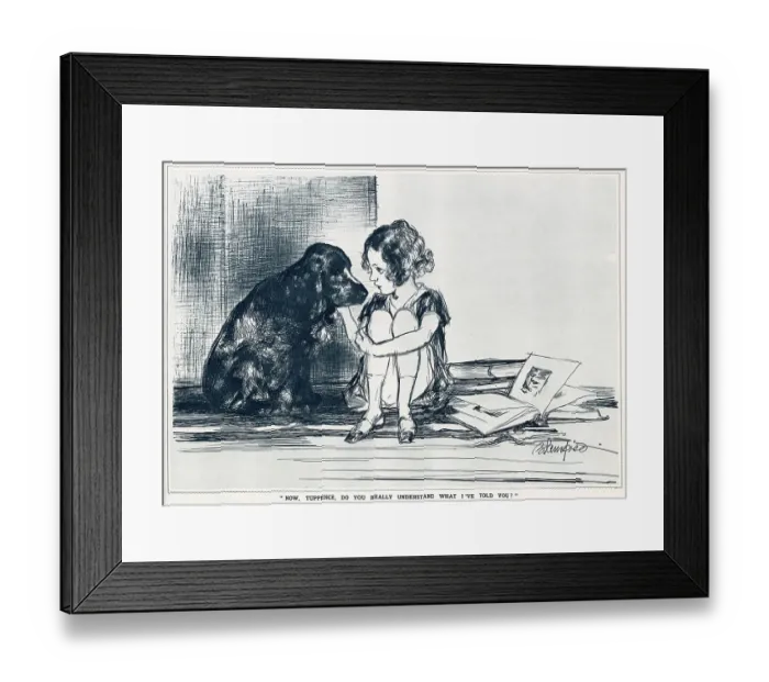 Framed Print : Now, Tuppence, do you really understand what I've told you? A child strokes her dog who is sitting next to her, presumably reading to it from a book on the floor to the right of her. Date: 1933 Framed Print : Now, Tuppence, do you really understand what I've told you? A child strokes her dog who is sitting next to her, presumably reading to it from a book on the floor to the right of her. Date: 1933