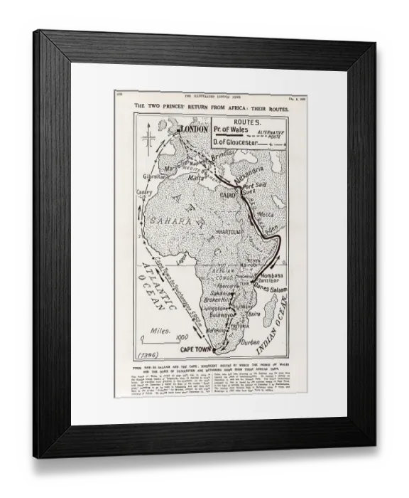 Framed Print : Map of Africa showing the two different routes taken by the Prince of Wales and the Duke of Gloucester when they cut short their trip to Kenya and central African after receiving news that their father, King George V, was ill Framed Print : Map of Africa showing the two different routes taken by the Prince of Wales and the Duke of Gloucester when they cut short their trip to Kenya and central African after receiving news that their father, King George V, was ill