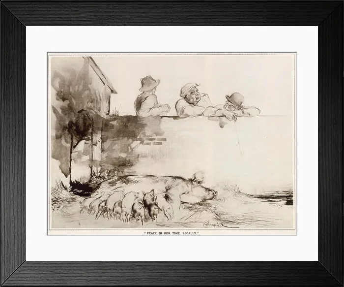 Framed Print : Three farmers lean against a wall, watching the piglets suckling. Date: 1933 Framed Print : Three farmers lean against a wall, watching the piglets suckling. Date: 1933