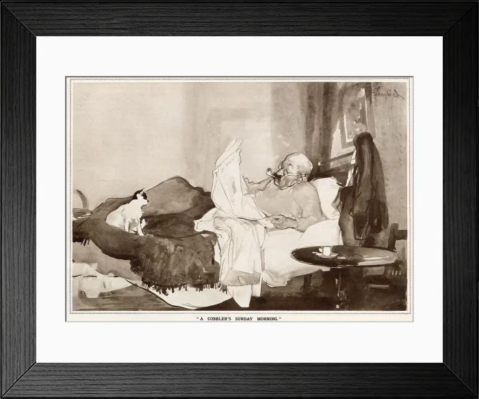 Framed Print : A cobbler lies in bed, smoking a pipe and reading a newspaper. Date: 1933 Framed Print : A cobbler lies in bed, smoking a pipe and reading a newspaper. Date: 1933