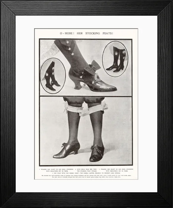 Framed Print : Women wearing stockings bearing minatures or if you want to be heard bells, also garters for the hobble skirt to keep your legs together. Date: 1910 Framed Print : Women wearing stockings bearing minatures or if you want to be heard bells, also garters for the hobble skirt to keep your legs together. Date: 1910
