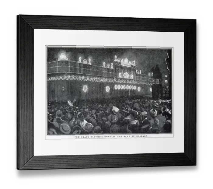 Framed Print : Illuminations at the Bank of England, Londoners rejoicing and festivity, the night before the coronation of King Edward VII. Date: 1902 Framed Print : Illuminations at the Bank of England, Londoners rejoicing and festivity, the night before the coronation of King Edward VII. Date: 1902