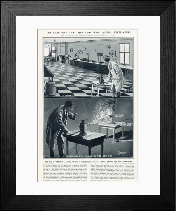 Framed Print : British inventor Harry Grindell Matthews's invention of the invisible ray in operation (above) putting a motor-engine out of action (below) exploding gunpower. Date: 1924 Framed Print : British inventor Harry Grindell Matthews's invention of the invisible ray in operation (above) putting a motor-engine out of action (below) exploding gunpower. Date: 1924