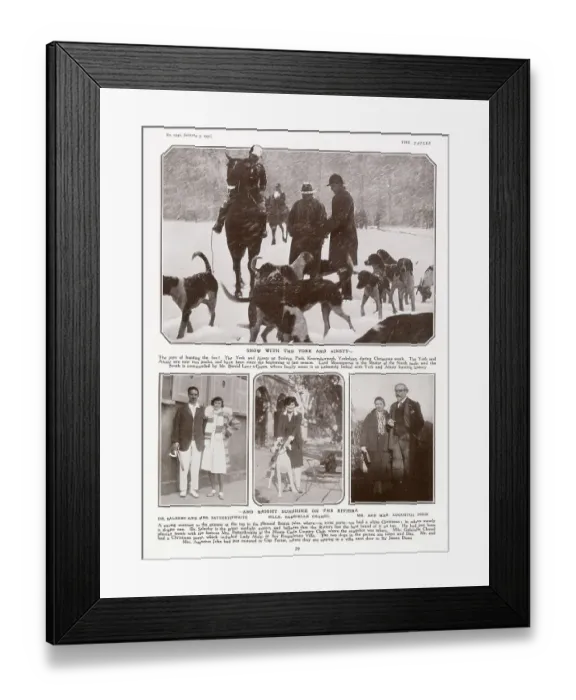 Framed Print : Page from The Tatler, 7th Jan 1931: snow with the York and Ainsty hunt at Scriven Park, Yorkshire; bright sunshine on the Riviera: Dr Saleeby and Mrs Satterthwaite; Mlle Gabrielle Chanel; Mrs and Mrs Augustus John. Date: 1931 Framed Print : Page from The Tatler, 7th Jan 1931: snow with the York and Ainsty hunt at Scriven Park, Yorkshire; bright sunshine on the Riviera: Dr Saleeby and Mrs Satterthwaite; Mlle Gabrielle Chanel; Mrs and Mrs Augustus John. Date: 1931
