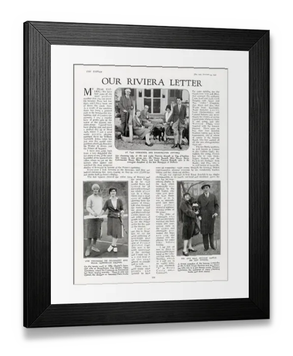 Framed Print : Page from The Tatler, 29th January 1930: Our Riviera Letter featuring Henry Russell, Nancy Barry, Commander Barry, Mrs Barry, and Lady Patricia Russell at the Domaines des Charmettes Framed Print : Page from The Tatler, 29th January 1930: Our Riviera Letter featuring Henry Russell, Nancy Barry, Commander Barry, Mrs Barry, and Lady Patricia Russell at the Domaines des Charmettes