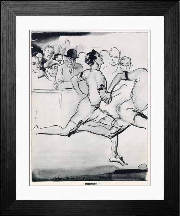 Framed Print : The English Daumier Looks On Life:English Types By Blampied. Series 3: Business And Leisure. Two men finishing a race with a crowd of spectators behind them. Date: 1933 Framed Print : The English Daumier Looks On Life:English Types By Blampied. Series 3: Business And Leisure. Two men finishing a race with a crowd of spectators behind them. Date: 1933