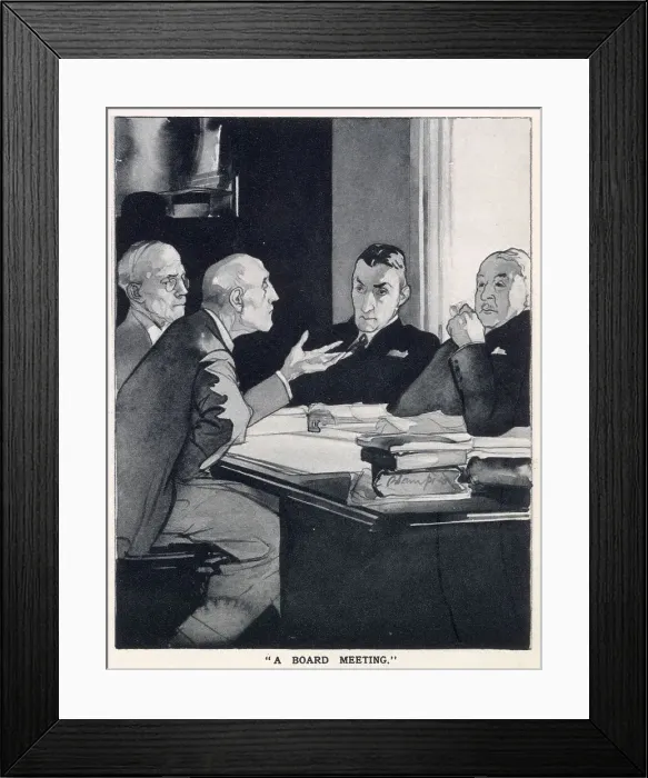Framed Print : The English Daumier Looks On Life:English Types By Blampied. Series 3: Business And Leisure. Four business men discussing affairs at a board meeting. Date: 1933 Framed Print : The English Daumier Looks On Life:English Types By Blampied. Series 3: Business And Leisure. Four business men discussing affairs at a board meeting. Date: 1933