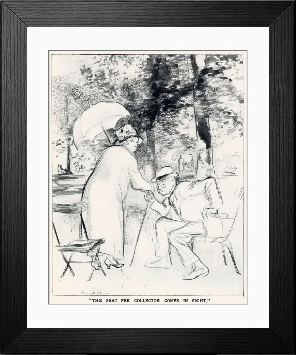 Framed Print : The English Daumier Looks On Life:English Types by Blampied. Series 4: The Life of Park and Streets. An elderly couple fleeing from their park seats at the sight of a seat fee collector. Date: 1933 Framed Print : The English Daumier Looks On Life:English Types by Blampied. Series 4: The Life of Park and Streets. An elderly couple fleeing from their park seats at the sight of a seat fee collector. Date: 1933