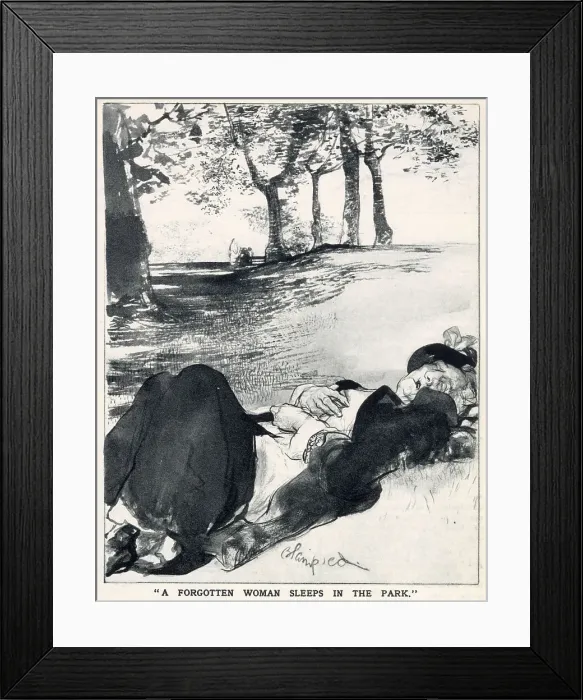Framed Print : The English Daumier Looks On Life:English Types by Blampied. Series 4: The Life of Park and Streets. An elderly women dozing on the grass in the park. Date: 1933 Framed Print : The English Daumier Looks On Life:English Types by Blampied. Series 4: The Life of Park and Streets. An elderly women dozing on the grass in the park. Date: 1933