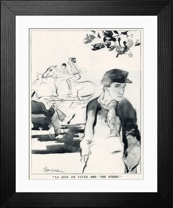 Framed Print : The English Daumier Looks On Life:English Types by Blampied. Series 4: The Life of Park and Streets. High society racers ride in Rotten Row in contrast to a working class man in the foreground. Date: 1933 Framed Print : The English Daumier Looks On Life:English Types by Blampied. Series 4: The Life of Park and Streets. High society racers ride in Rotten Row in contrast to a working class man in the foreground. Date: 1933