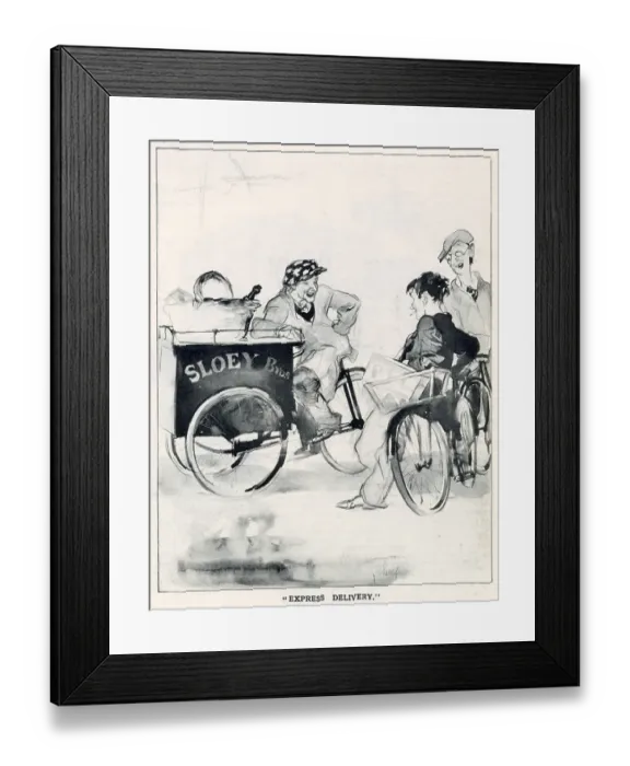 Framed Print : The English Daumier Looks On Life: English Types by Blampied. Series 4: The Life of Park and Streets. Three delivery boys cross paths and have a chat in the park. Date: 1933 Framed Print : The English Daumier Looks On Life: English Types by Blampied. Series 4: The Life of Park and Streets. Three delivery boys cross paths and have a chat in the park. Date: 1933