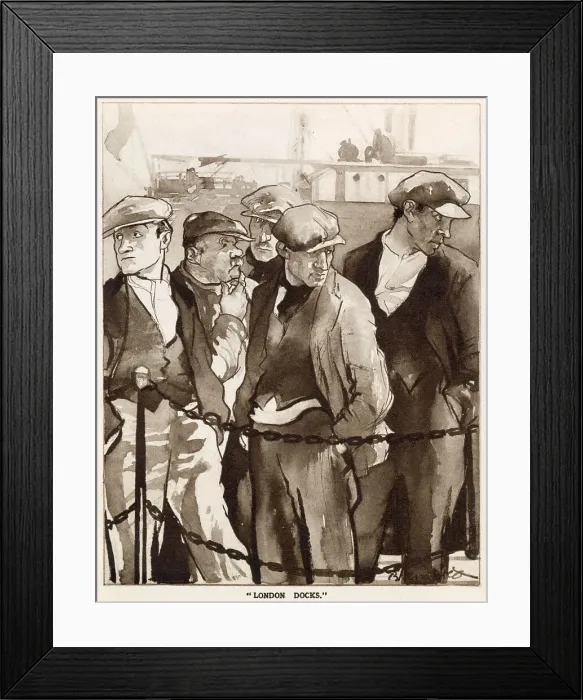 Framed Print : The English Daumier Looks On Life: English Types by Blampied. Series 5: East End and West End. A group of men standing behind a fence at the London docks. Date: 1933 Framed Print : The English Daumier Looks On Life: English Types by Blampied. Series 5: East End and West End. A group of men standing behind a fence at the London docks. Date: 1933