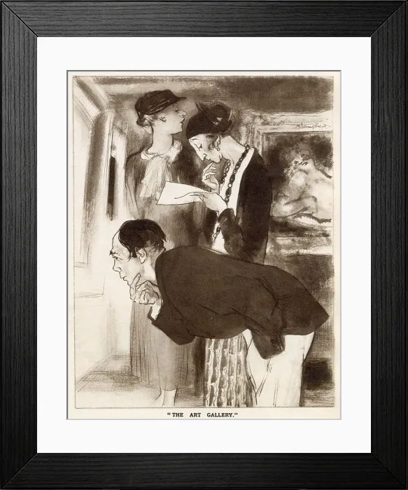 Framed Print : The English Daumier Looks On Life:English Types by Blampied. Series 5: East End and West End. Three visitors to an art gallery peering at one of the artworks on display. Date: 1933 Framed Print : The English Daumier Looks On Life:English Types by Blampied. Series 5: East End and West End. Three visitors to an art gallery peering at one of the artworks on display. Date: 1933