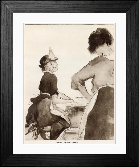 Framed Print : The English Daumier Looks On Life: English Types by Blampied. Series 5: East End and West End. Two Charwomen (cleaners), one cleaning and the other looking on with crossed arms. Date: 1933 Framed Print : The English Daumier Looks On Life: English Types by Blampied. Series 5: East End and West End. Two Charwomen (cleaners), one cleaning and the other looking on with crossed arms. Date: 1933
