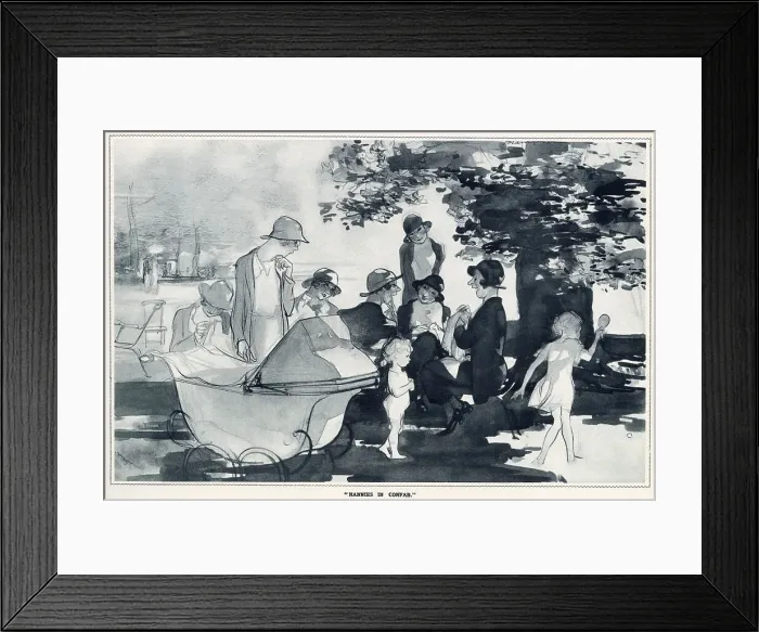 Framed Print : Leaves from Life: a New Series of Studies by Edmund Blampied. A group of children enjoying themselves in the park while their nannies exchange gossip of their various households. Date: 1933 Framed Print : Leaves from Life: a New Series of Studies by Edmund Blampied. A group of children enjoying themselves in the park while their nannies exchange gossip of their various households. Date: 1933
