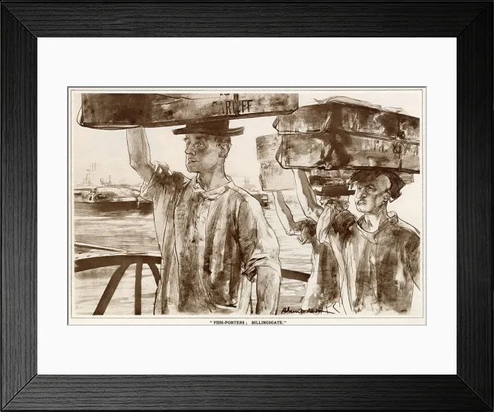 Framed Print : Leaves from Life: a New Series of Studies by Edmund Blampied. Men at Billingsgate, London, fish market carrying produce on their heads. Date: 1933 Framed Print : Leaves from Life: a New Series of Studies by Edmund Blampied. Men at Billingsgate, London, fish market carrying produce on their heads. Date: 1933