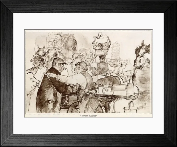Framed Print : Leaves from Life: a New Series of Studies by Edmund Blampied. A crowded Covent Garden, London filled with market traders and delivery carts bringing produce into Covent Garden in central London. Date: 1933 Framed Print : Leaves from Life: a New Series of Studies by Edmund Blampied. A crowded Covent Garden, London filled with market traders and delivery carts bringing produce into Covent Garden in central London. Date: 1933